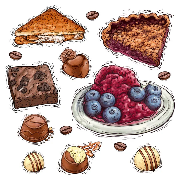 Chocolate Cake Nuts Berries Dessert Watercolor Illustration — Stock Vector