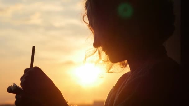 女人在日落在绘制 — 图库视频影像