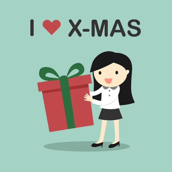 Concepto de negocio, mujer de negocios sosteniendo una caja de regalo con las palabras "Me encanta X-mas". Ilustración vectorial . — Archivo Imágenes Vectoriales