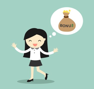 İş kavramı, İş kadını bonus hakkında düşünme ve mutlu hissetme. Vektör çizimi.