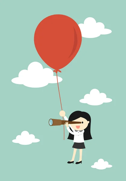 Concepto de negocio, mujer de negocios usando su telescopio buscando algo en el cielo mientras vuela con un globo grande. Ilustración vectorial . — Vector de stock
