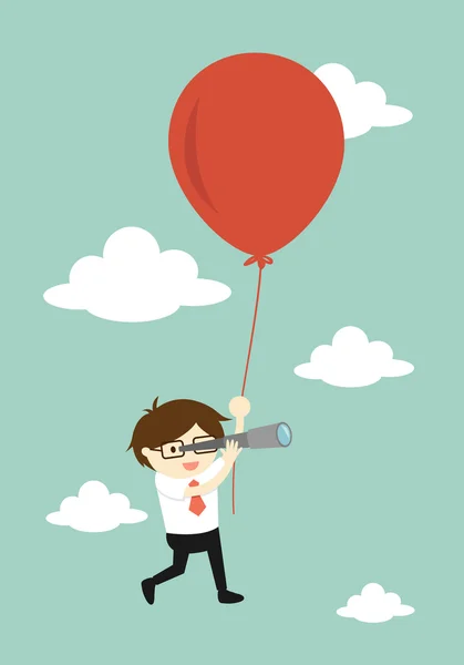 Concepto de negocio, Empresario usando su telescopio buscando algo en el cielo mientras vuela con un globo grande. Ilustración vectorial . — Vector de stock