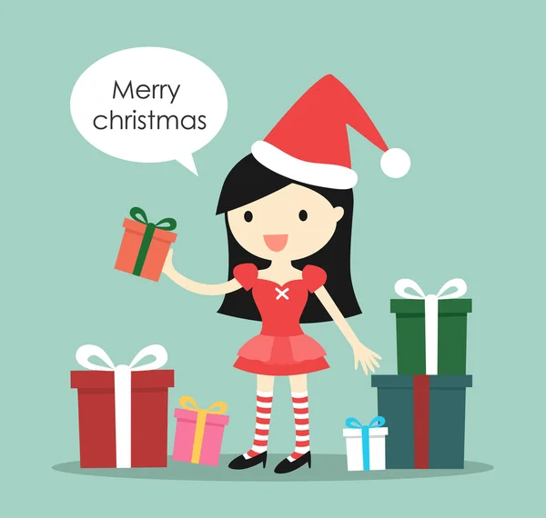 Santa chica con un montón de cajas de regalo y diciendo 'Feliz Navidad' — Archivo Imágenes Vectoriales