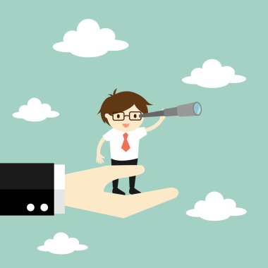 İş kavramı, alkış üzerinde duran ve seyir için bir fırsat onun teleskop kullanarak iş adamı. Vektör çizim.