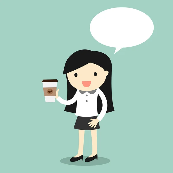 Konsep bisnis, wanita bisnis memegang cangkir kopi dengan pidato gelembung. Ilustrasi vektor . - Stok Vektor