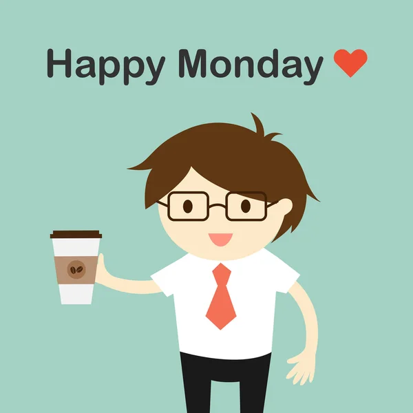 Business concept, Businessman holding coffee cup with wording "Happy Monday". Vector illustration. — Stock Vector