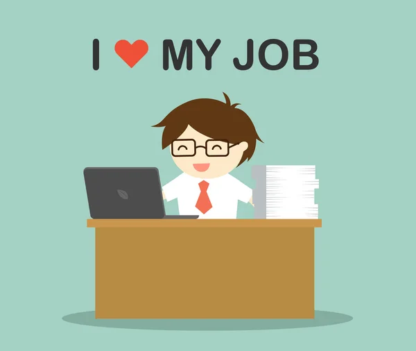 Geschäftskonzept, Geschäftsmann, der auf seinem Schreibtisch mit der Aufschrift "Ich liebe meinen Job" arbeitet. Vektorillustration. — Stockvektor