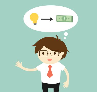 İş kavramı, iş adamı düşünme hakkında para kazanmak onun fikrinden / başlangıç. Vektör çizim.