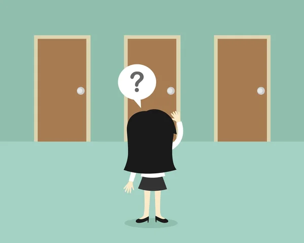 Concept d'entreprise, Femme d'affaires est confus au sujet des portes d'arbre. Illustration vectorielle . — Image vectorielle