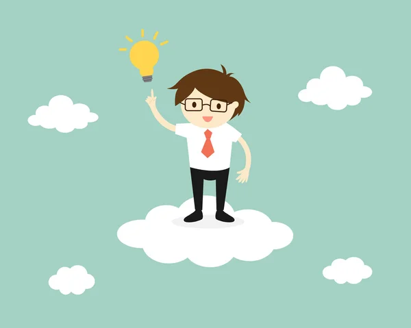 Бизнес-концепция, бизнесмен, стоящий на облаке с лампочкой. Векторная иллюстрация . — стоковый вектор