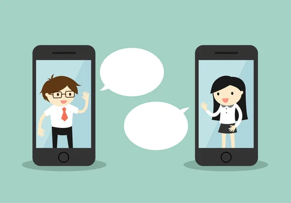 Concept, zakenman en zakelijke zakenvrouw praten via smartphone. Vectorillustratie. — Stockvector