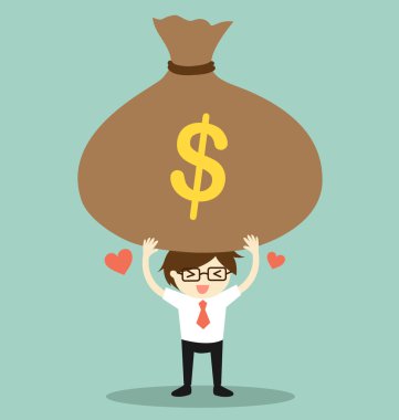 İş kavramı, işadamı ile büyük çanta dolusu para mutlu hissediyor. Vektör çizim.