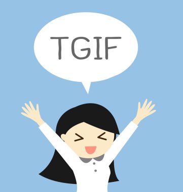 İş kavramı, bugün Cuma Tanrı veya TGIF bir kadınla mutlu hissediyor içinde teşekkür ederim ve rahatla. Vektör çizim.