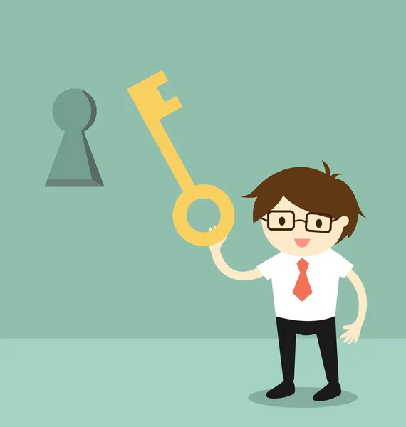 Affärsidé, affärsman innehar en nyckel att låsa upp nyckelhål på väggen. Vektor illustration. — Stock vektor