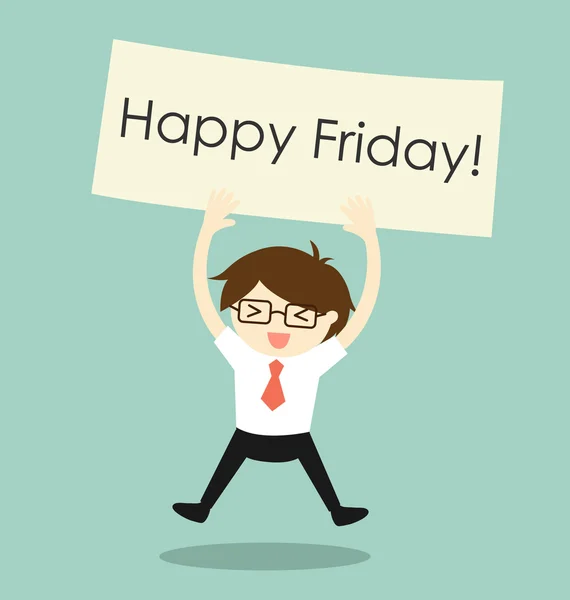 Conceito de negócio, homem de negócios sentindo-se feliz e segurando o banner 'Happy Friday'. Ilustração vetorial . — Vetor de Stock