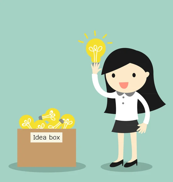 Conceito de negócio, mulher de negócios escolher alguma ideia de caixa de ideias. Ilustração vetorial . — Vetor de Stock