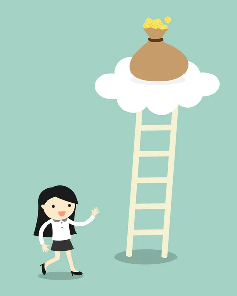 Business concept, Business woman going to climb the ladder for get a bag of money. Vector illustration. — Stock Vector