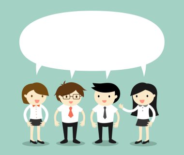 Aynı şey veya aynı fikir/kavram konuşurken iş kavramı, işadamları ve iş kadınları. Vektör çizim.