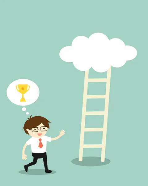Bedrijfsconcept, zakenman gonna beklimmen de ladder omdat hij denkt het dat zal hebben een gouden winnaar beker op de wolk, maar het is niets op die wolk. Vectorillustratie. — Stockvector