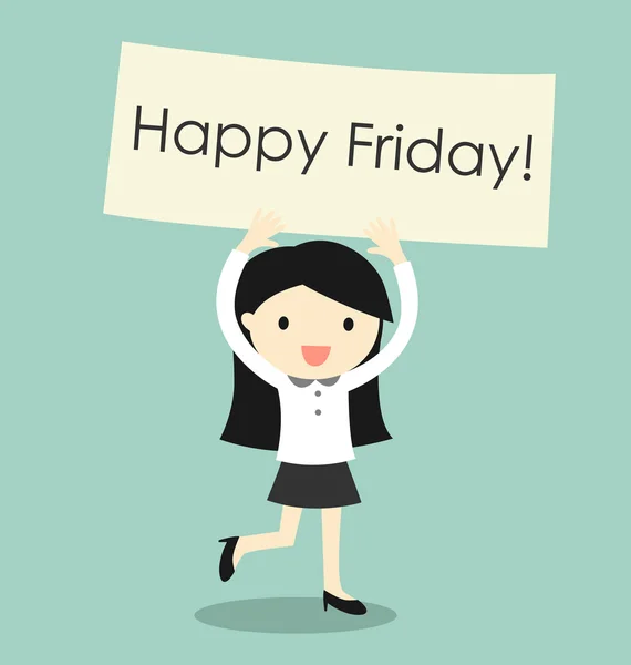 Conceito de negócio, mulher de negócios sentindo-se feliz e segurando banner 'Happy Friday'. Ilustração vetorial . — Vetor de Stock