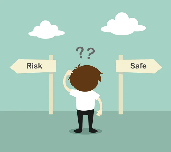 İş kavramı, iki yönde, güvenli ya da risk arasında işadamı kafası karışmış. Vektör çizim.