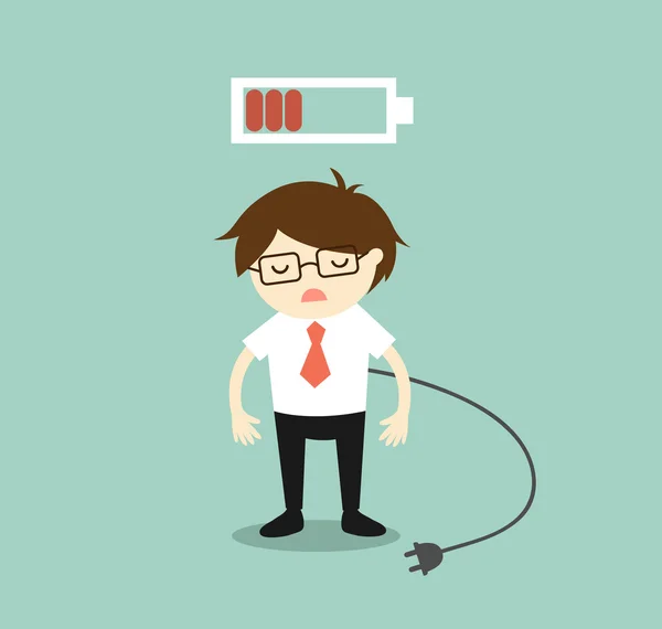 Concept d'affaires, Homme d'affaires se sentant fatigué et batterie faible. Illustration vectorielle . — Image vectorielle