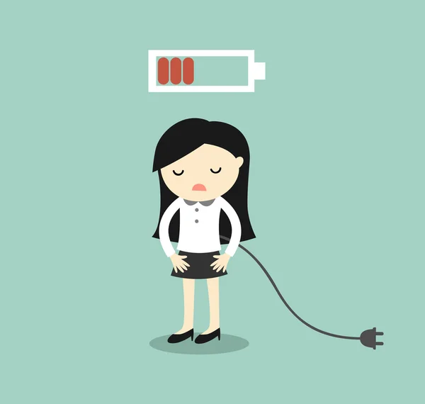 Concept d'affaires, femme d'affaires se sentant fatiguée et batterie faible. Illustration vectorielle . — Image vectorielle