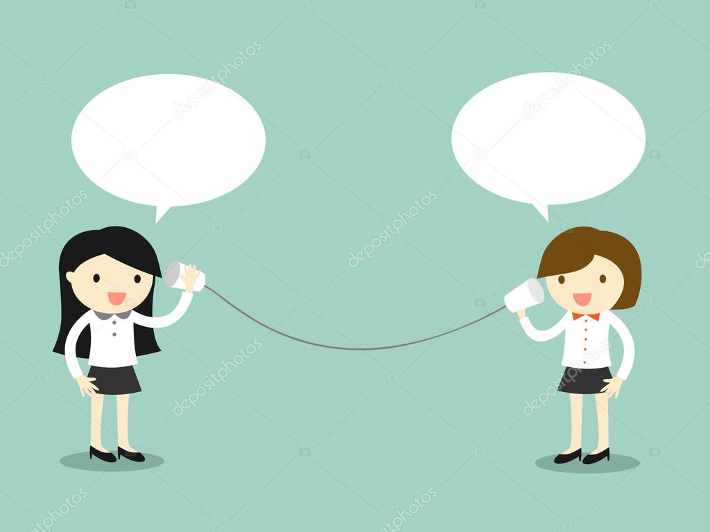 Business concept, Two business woman talking via cup telephone. Vector illustration.
