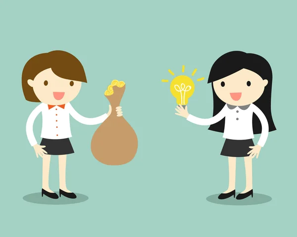 Koncepcja biznesowa, dwie kobiety biznesu dać pomysł i pieniądze do wymiany. Ilustracja wektorowa. — Wektor stockowy