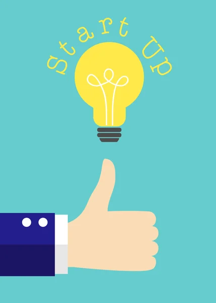 Vector business start up illustration. Hand thumb up with bulb light on green background. — 스톡 벡터