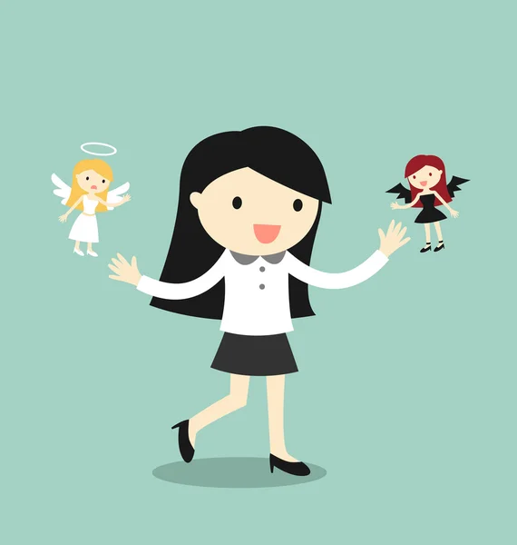 Concept d'entreprise, Femme d'affaires avec ange et diable. Illustration vectorielle . — Image vectorielle