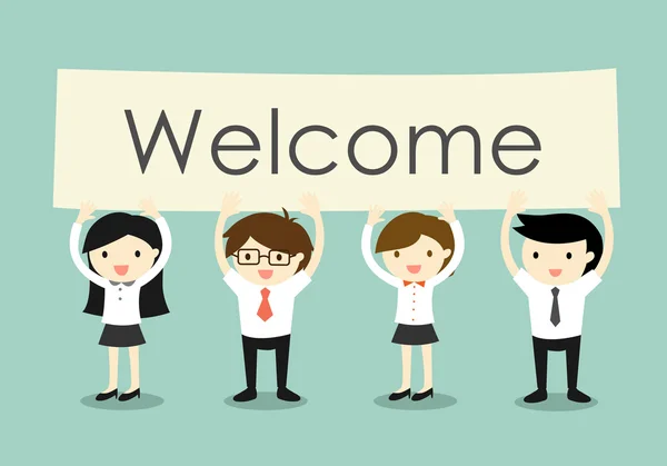 Business concept, Businessman and business women holding 'Welcome' signboard with green background.