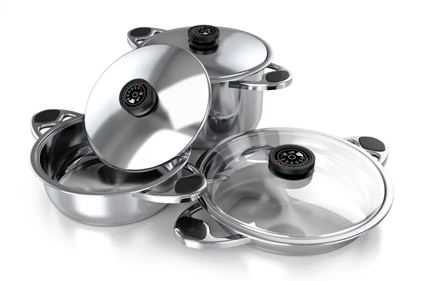 Набор сковородки для кухни и приготовления пищи 3d — стоковое фото
