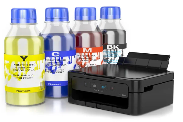 Paint cans and multifunctional printer — Stock Photo, Image