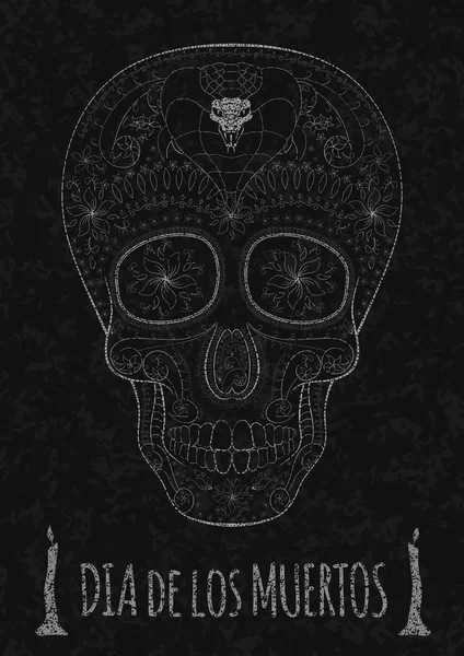 Dia de Muertos Tattoo Skull Day of The Dead Monochrome. Plantilla de folleto. textura de piedra — Vector de stock