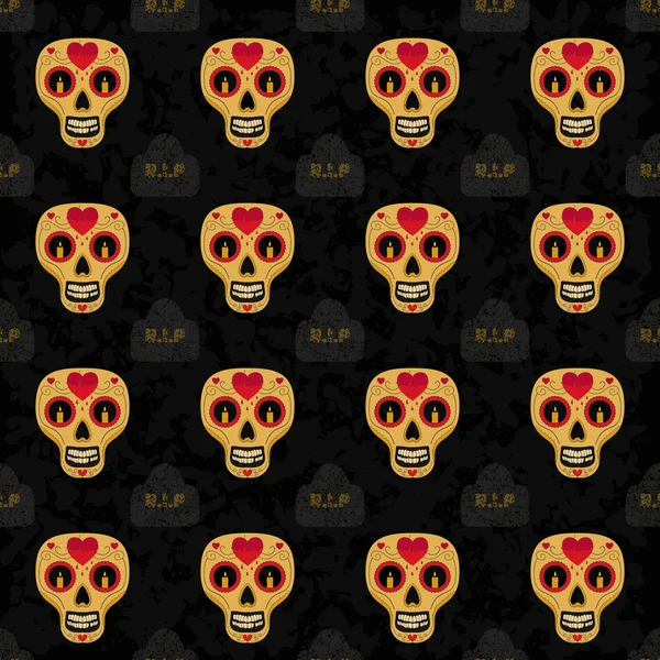 Dia de Muertos cartoon schedel sierlijke dag van The Dead naadloze patroon — Stockvector