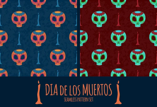 Uppsättning av Dia de Muertos cartoon skalle utsmyckade dagen i The Dead seamless mönster — Stock vektor
