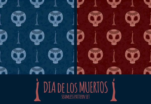 Komplet kreskówka Dia de Muertos czaszki kwiecisty Day of The Dead wzór — Wektor stockowy