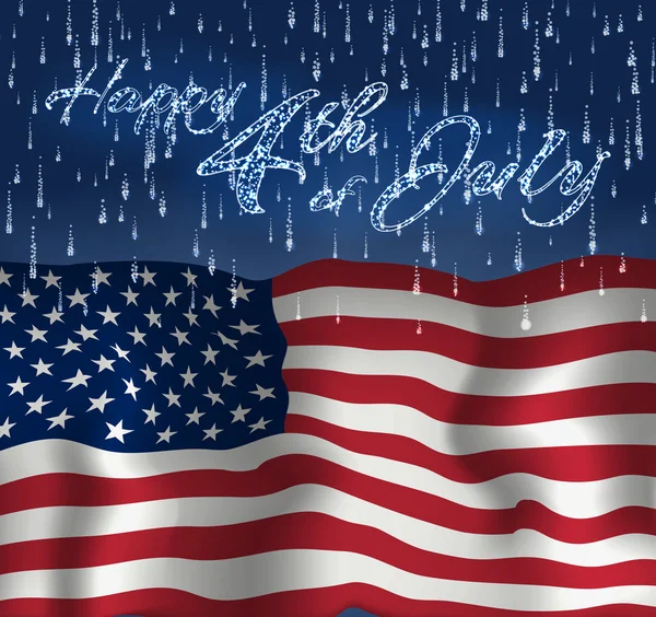 Festlig design för fjärde juli självständighetsdagen Usa. Med realistiska amerikanska flaggan, fyrverkeri och glitter text. — Stock vektor