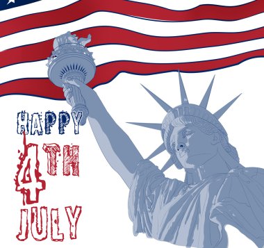Özgürlük heykeli ile Amerikan bayrağı arka üzerinde. Dördüncü Temmuz Kutlamaları ABD için tasarım. Amerikan simgesi.