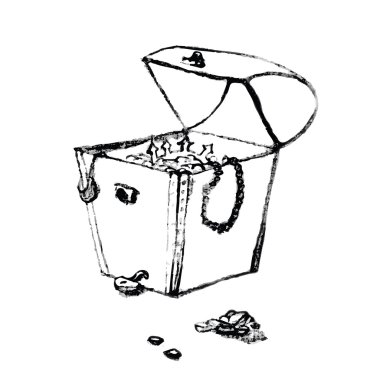 Eski korsan hazine sandığı. El çizim sanatsal kalem kroki. Komik karalama tarzı resimde.