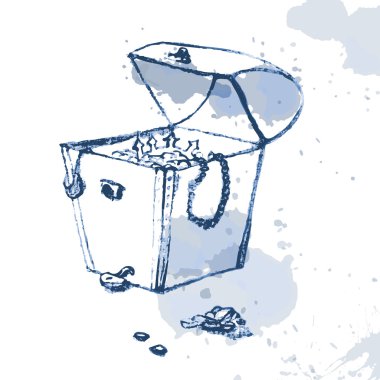 Eski korsan hazine sandığı. El sanatsal mürekkep ve suluboya kroki çizimi. İllüstrasyon karalama tarzı..