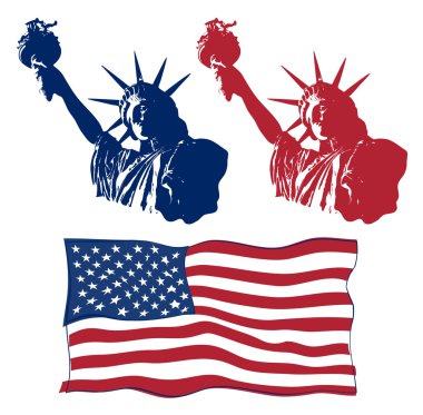 Özgürlük Anıtı'nın sanat tasarımı Amerikan bayrağı ile kümesi. Dördüncü Temmuz Kutlamaları ABD için tasarım. Amerikan simgesi.