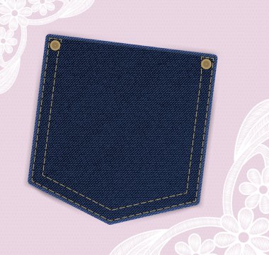 Denim kot pantolon cebinde dantel arka plan üzerinde fiyat veya davet etiketle. Vektör çizim, Eps10