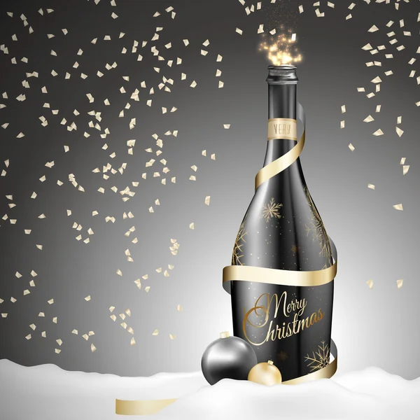 Weihnachten Champagnerflasche mit goldenem Band und Kugeln — Stockvektor