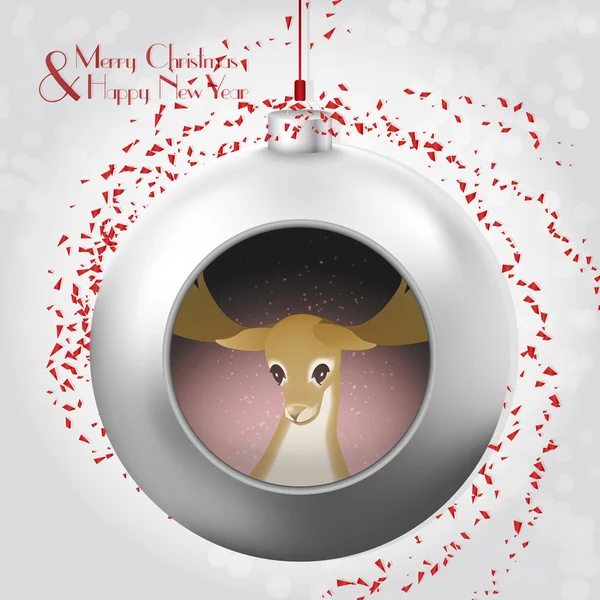 Weihnachtskugel mit magischem Glitzern, Konfetti und Hirsch auf grauem Hintergrund — Stockvektor