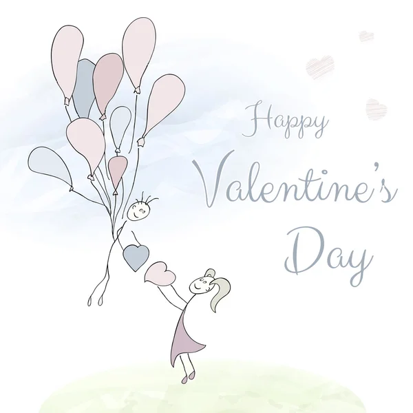 Abstract card with hand drawn pair with balloons, scribble font, watercolor. Valentines day — Stock Vector