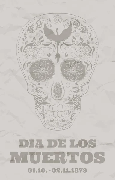 Vintage flyer Dia de Muertos tatuering skalle utsmyckade Day of The Dead skadat papper — Stock vektor