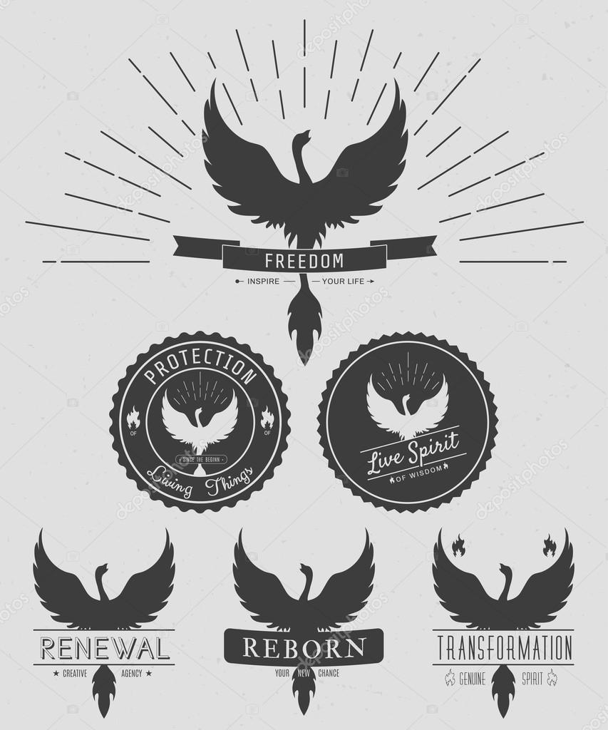 Vector set of phoenix symbol vintage  logos, emblems, silhouettes and design elements. Symbolic and outdoor logos with grunge textures. Retro style. Vector
