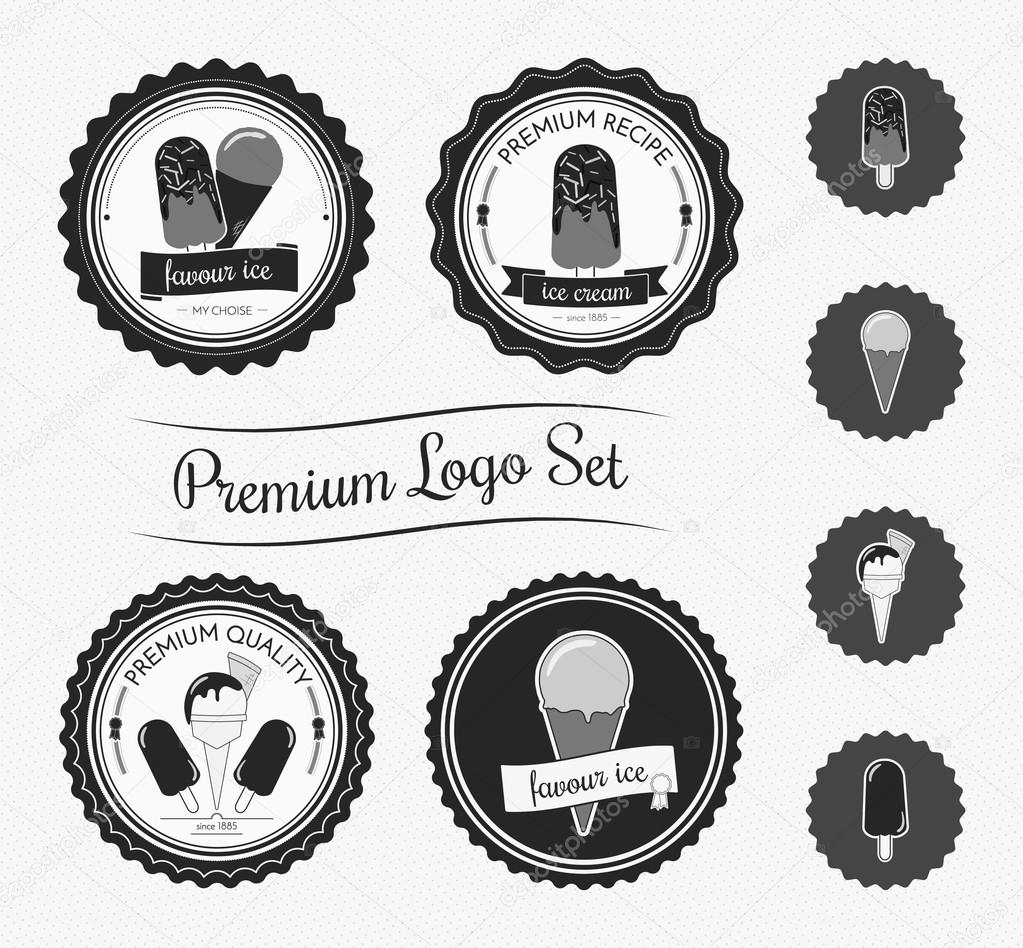 Black and white vintage Ice cream logo set. with lables and frames in retro style. similar bonus. vector